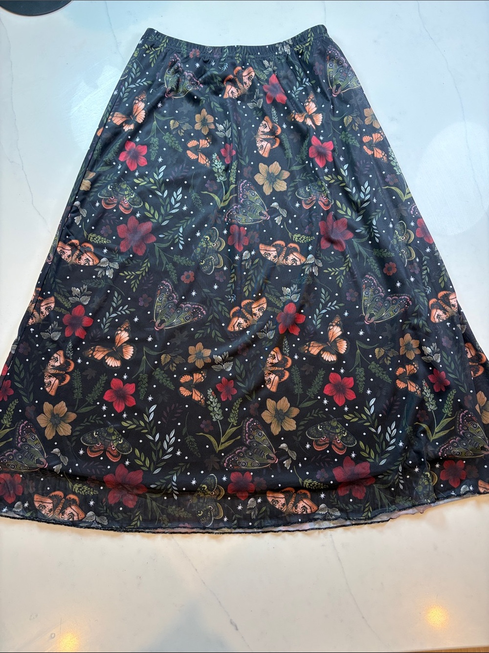 Floral & Butterfly A-Line Midi Skirt - Black